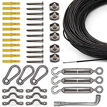 Use Manual,Free Gifts,Humanized Collocation,Easy to Install String Lights Suspension Kit Included Enough Accessories String Light Hanging Kit with 164 Ft Nylon Coated Stainless Steel 304 Wire Rope